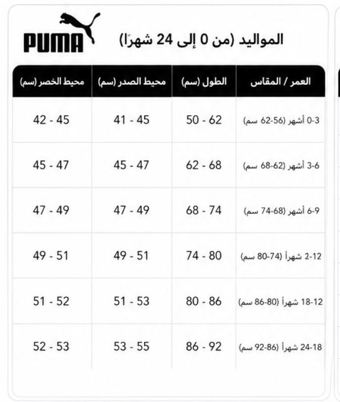 دليل المقاسات
